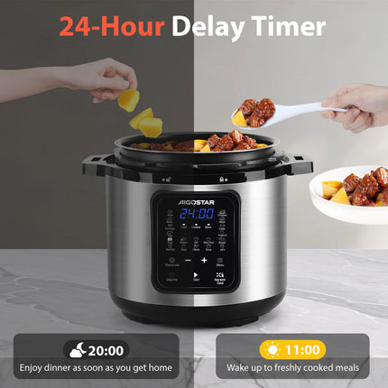 Aigostar Pentola a Pressione Elettrica 18 in 1, Pentola Programmabile da 6 Litri 24 Ore, 3 Pressioni, Pannello LED Multicooker da 1000 W per Yogurt