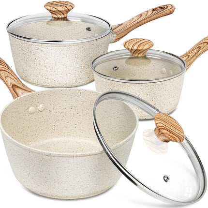 MICHELANGELO Set 3 pezzi padella antiaderente con rivestimento in granito e manico anti-scottatura, compatibile con fornelli a induzione, pentola per zuppe, utensili da cucina