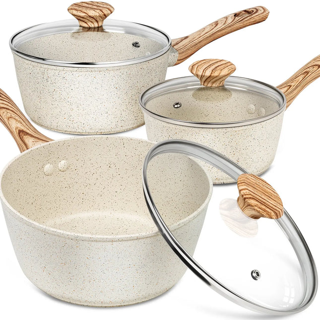 MICHELANGELO Set 3 pezzi padella antiaderente con rivestimento in granito e manico anti-scottatura, compatibile con fornelli a induzione, pentola per zuppe, utensili da cucina