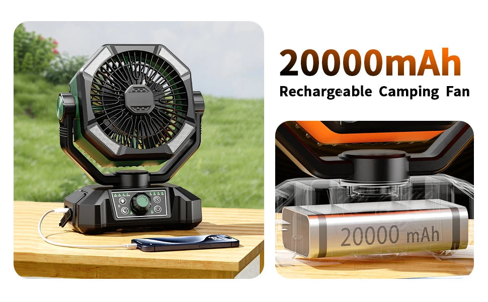 Ventilatore da campeggio con batteria da 20000 mAh con lanterna a 4 LED Ventilatore da tavolo a 8 velocità Ventilatore da esterno portatile per tenda da campeggio all'aperto e pesca