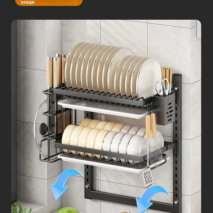 Organizer da parete per cucina - Scaffale senza foratura per ciotole, piatti, spezie con funzione di asciugatura stoviglie