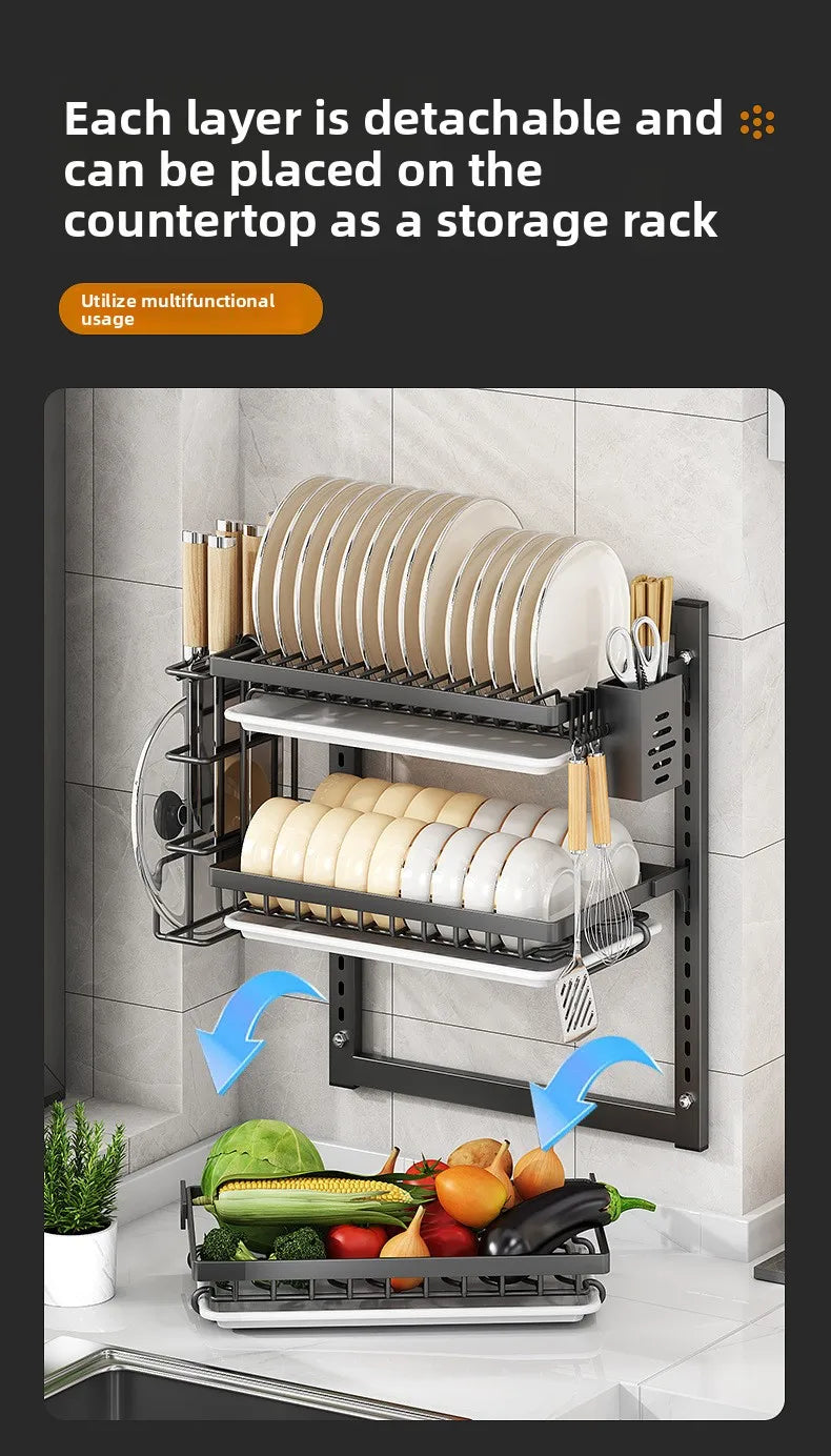 Organizzatore da Parete per Cucina - Mensola Portaoggetti Senza Foratura per Ciotole, Piatti, Spezie con Funzione di Asciugatura Stoviglie