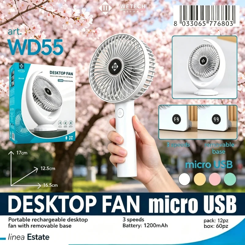 Ventilatore portatile personale WETECH, ventilatore da tavolo ricaricabile tramite USB a 5 velocità, mini ventilatore silenzioso per casa e viaggi