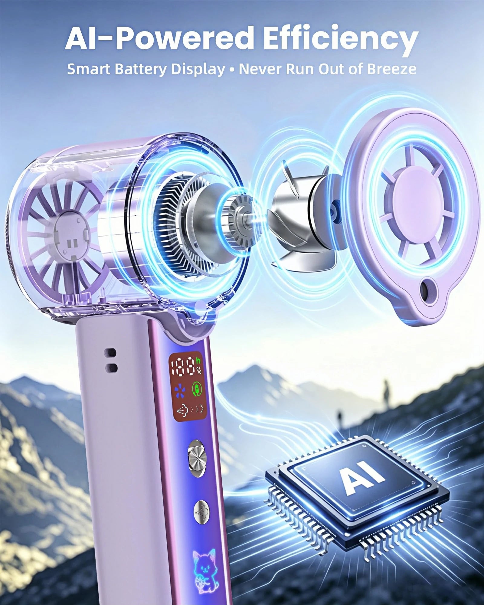 Ventilatore portatile con nebulizzatore, ventilatore personale turbo ad alta velocità da 30000 RPM con velocità regolabili, mini ventilatore spray ricaricabile da 3000 mAh, con display LED, per viaggi, attività all'aperto,