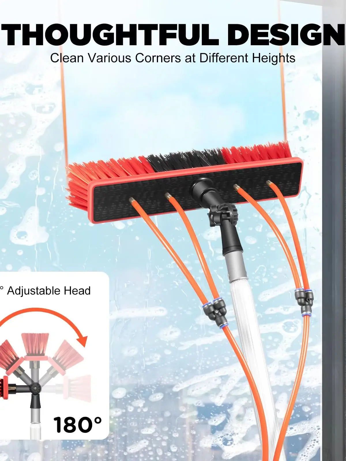 3-in-1 Reinigungsset mit Bürste und Schaber, 7,4 m teleskopischer Wasserzufuhrstange, 180° schwenkbare Stäbe für die Außenfensterreinigung