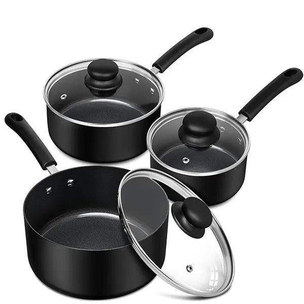 Set di pentole da cucina nere da 3 pezzi Set di pentole antiaderenti da 1QT, 2QT e 3QT Set di pentole per zuppe e latte con coperchio in vetro temperato