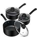 Set di pentole da cucina nere da 3 pezzi Set di pentole antiaderenti da 1QT, 2QT e 3QT Set di pentole per zuppe e latte con coperchio in vetro temperato