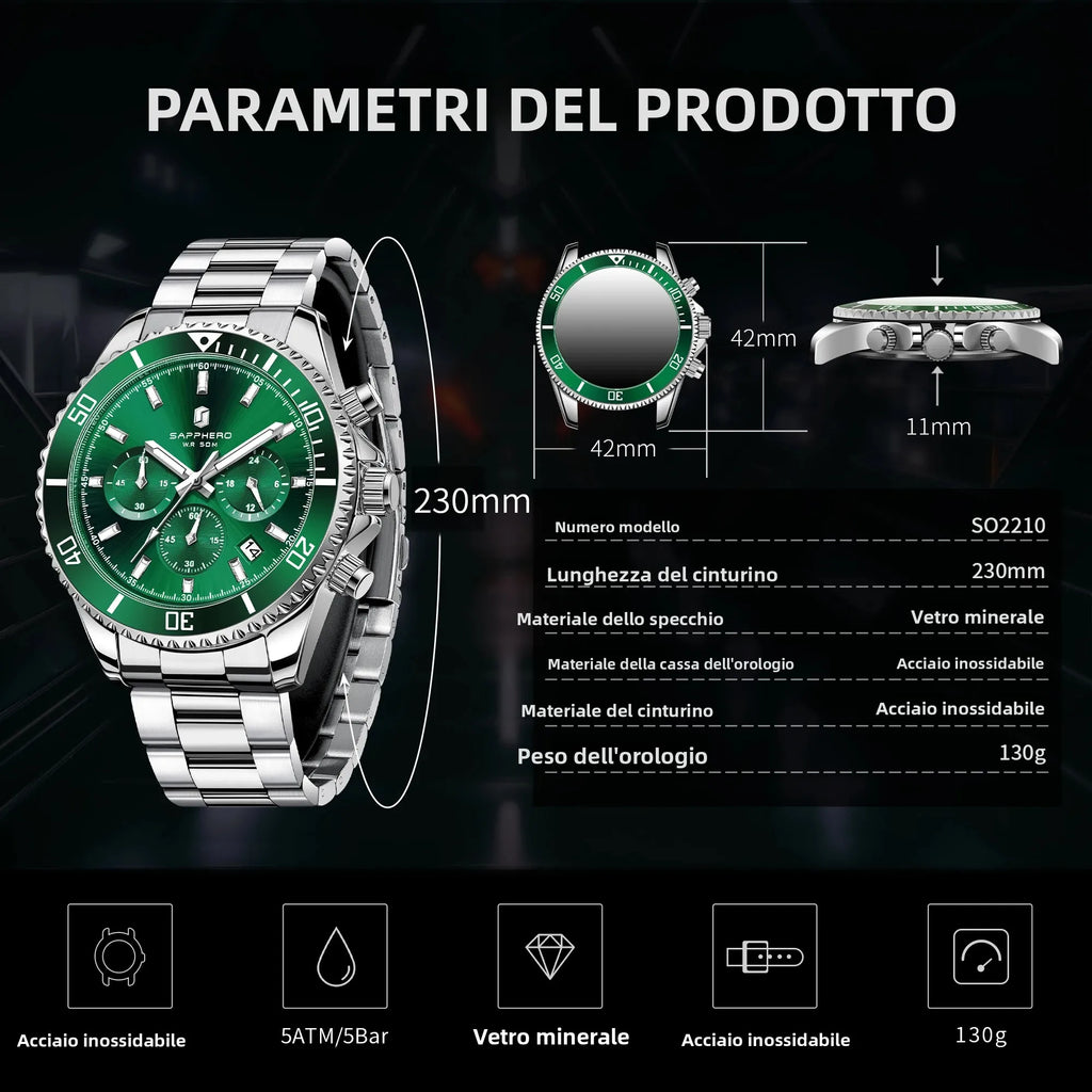 SAPPHERO Orologio da Polso Quarzo Uomo Acciaio Inossidabile Impermeabile 50M Cronografo
