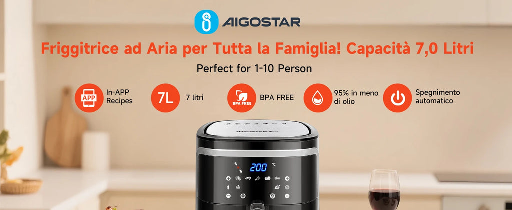 Aigostar Friggitrice ad aria 7 litri, 1900W, Nero, 7 programmi, Forno a convezione 360°