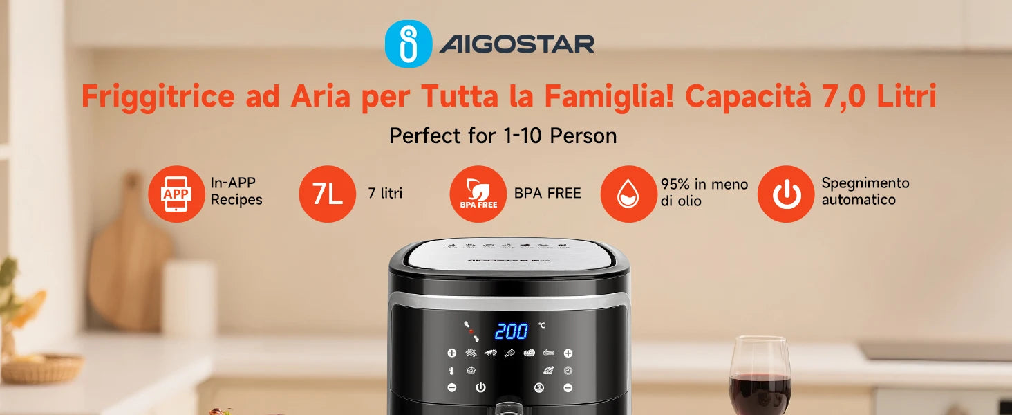 Aigostar Friggitrice ad aria 7 litri, 1900W, Nero, 7 programmi, Forno a convezione 360°