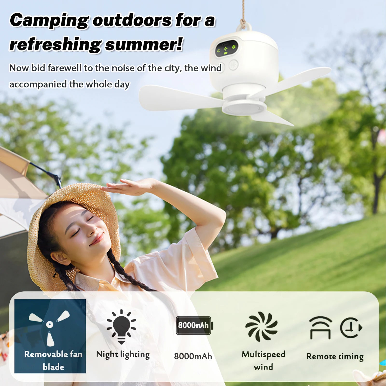 Ventilatore da soffitto USB da 8000 mAh, ventilatore da campeggio ricaricabile con luci a LED e telecomando, ventilatore portatile da tenda per viaggi all'aperto, silenzioso a 3 velocità (bianco), ventilatore da soffitto ric