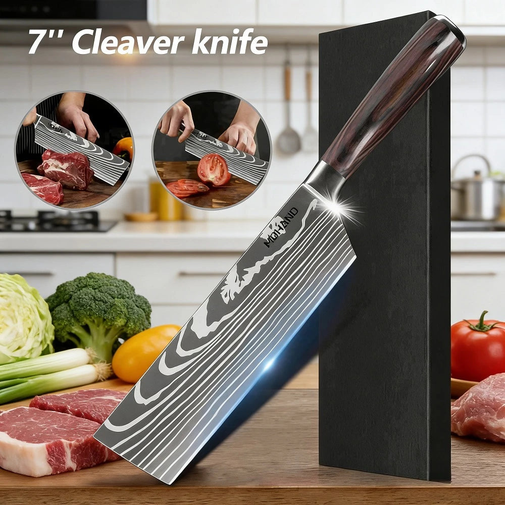 ZENG Professionelles 7-Zoll-Kochmesser – ultrascharf und langlebig, Edelstahl mit Holzgriff und lasergravierter Damast-Optik, mit Geschenkbox