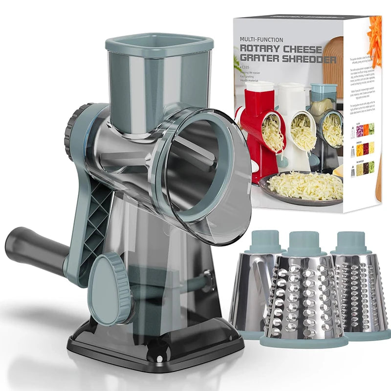 LMETJMA 3-in-1 Vielseitige rotierende Reibe Manueller Gemüseschneider Erdnüsse Nüsse Mühle Käse Gemüsehäcksler Transparent JT242