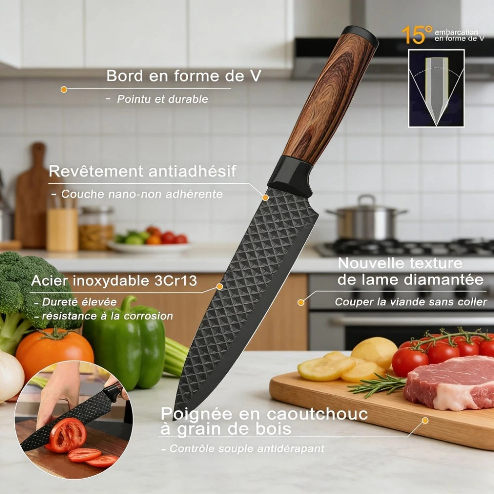 ZENG 6er-Set Küchenmesser mit scharfen Antihaftklingen, ergonomischem Holzgriff, Komplettset zum Kochen und Schneiden
