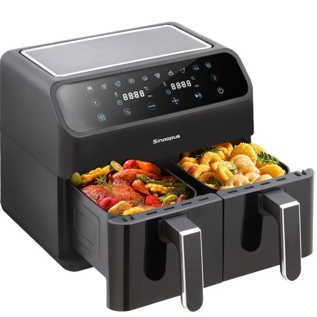 Sinaopus Friggitrice ad aria calda 2000W 9L XXL con doppio scomparto, timer, touchscreen LED, forno elettrico senza olio, formato famiglia