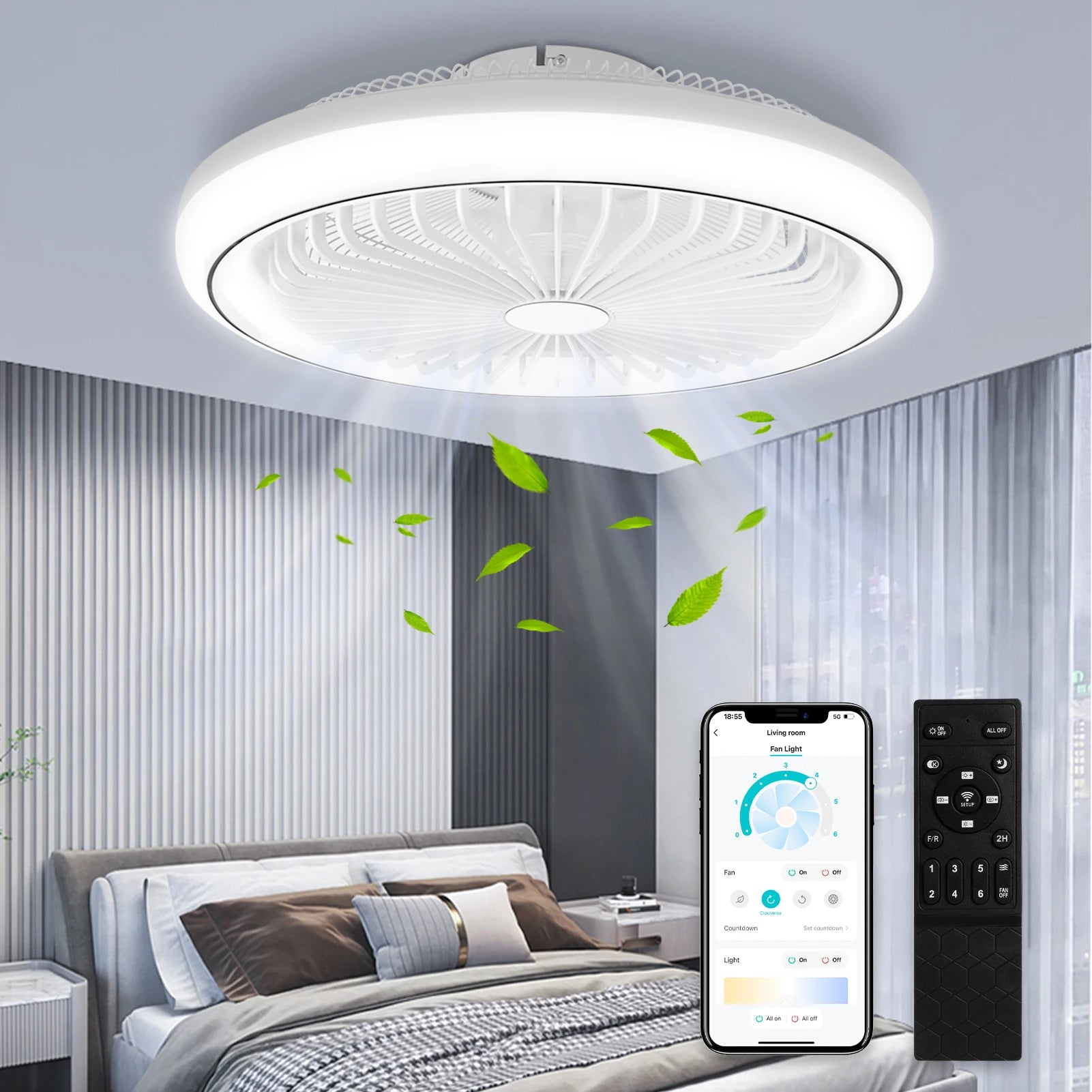 Ventilatore da soffitto con luce LED, telecomando, dimmerabile, 220V, bianco