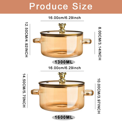 1500 ml Clear Glass Pot with Double Handles Soup Pot with Lid Heat-Resistant Cookware