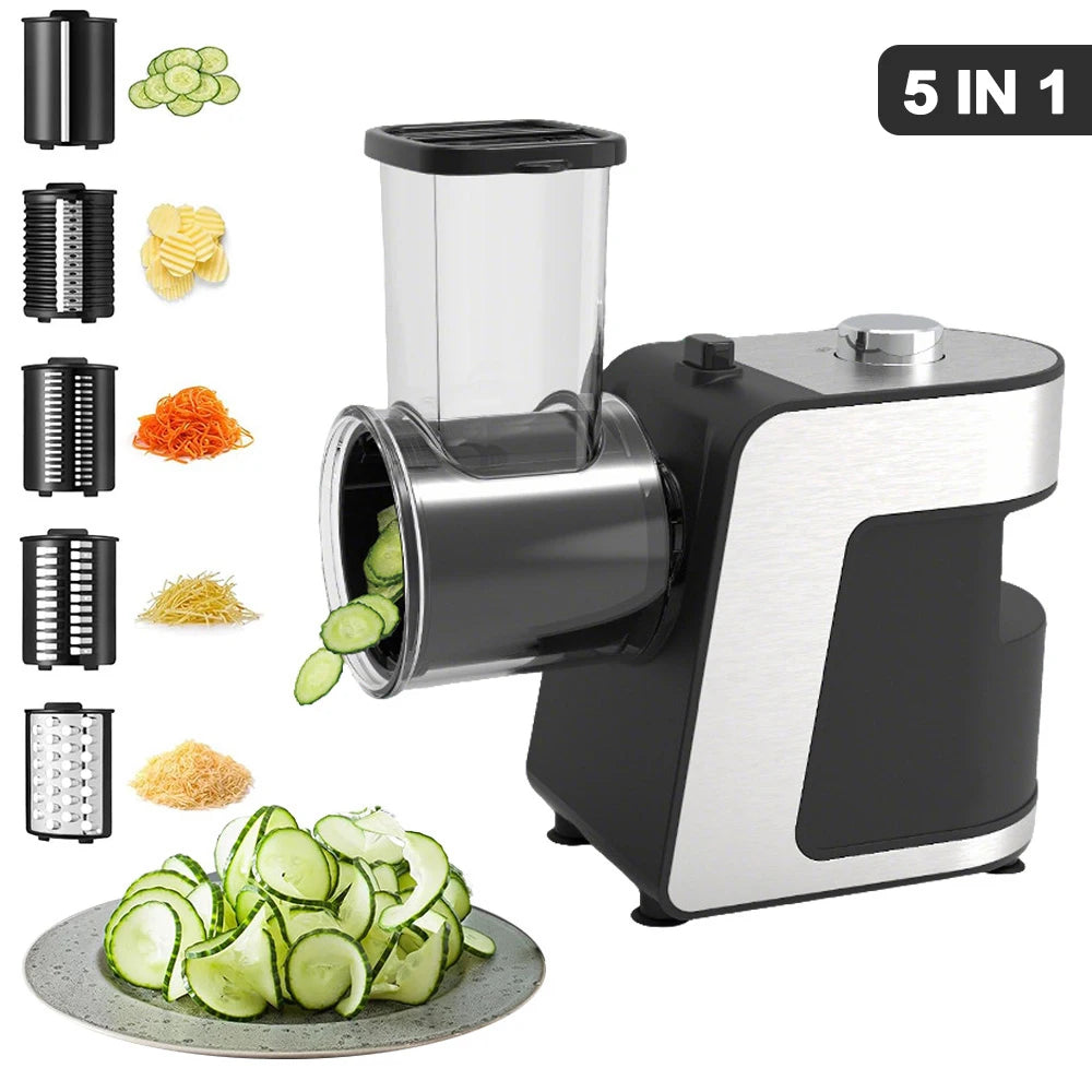 5-in-1 Elektrischer Gemüseschneider, Käsereibe, Ein-Knopf-Bedienung, Küchenmaschine, Küchenwerkzeug für Zuhause, Salat, Kohl, Karotten, Obst