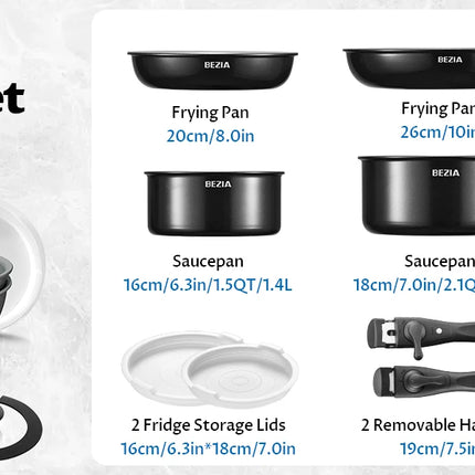 Bezia Induction Cookware Healthy Ceramic Coating, Nonstick Pots and Pans Set 13 PCS with Detachable Handles
