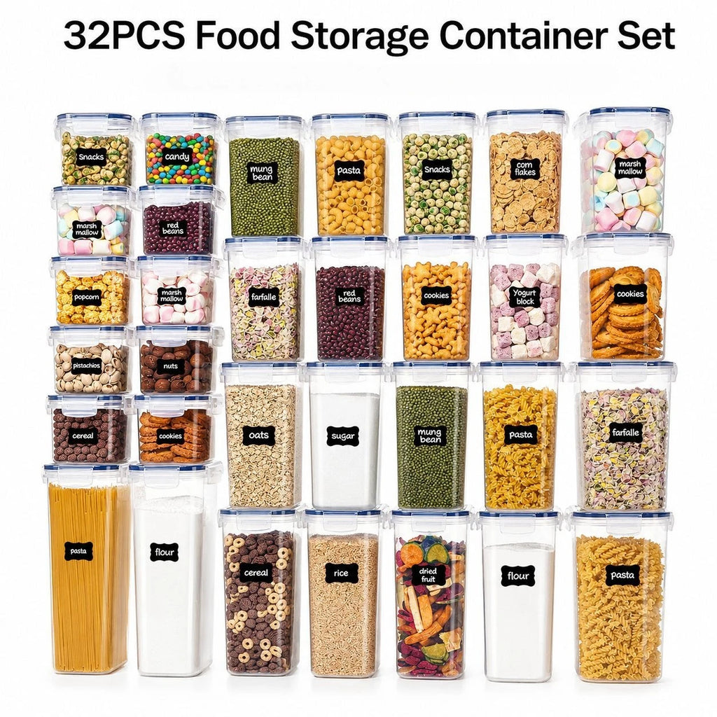 32-teiliges luftdichtes Lebensmittelbehälter-Set mit Deckeln, BPA-freie Kunststoff-Organizer für die Speisekammer, stapelbare Behälter für Müsli, Mehl, Nudeln, Getreide mit Etiketten und Marker