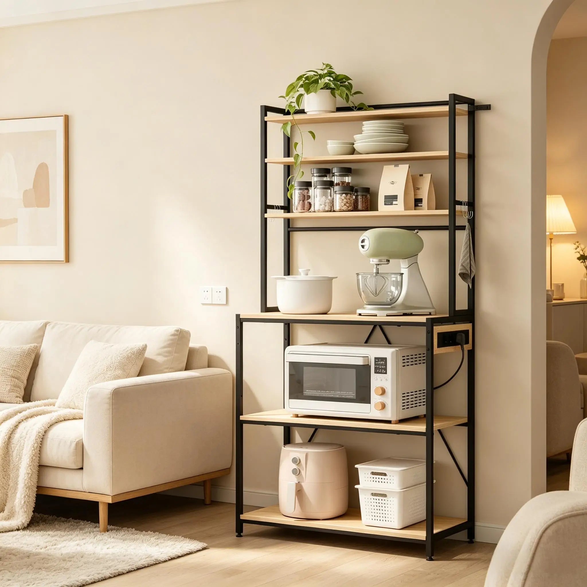 Modernes Ausstellungsregal, Kaffeestation, Küchenregal mit Steckdosen, Küchenschrank – Mini-Arbeitsstation für Kaffee und Geräteorganisation