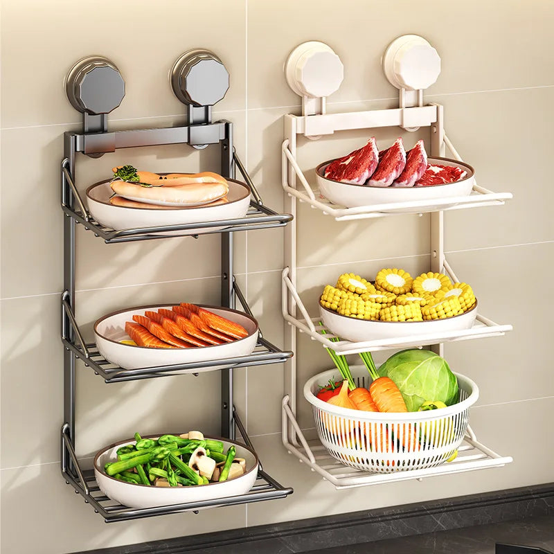 Ventosa multistrato Cucina Rastrelliere per verdure Frutta Parete angolare Vassoio per frutta Scaffale da cucina rimovibile Utensili senza trapano