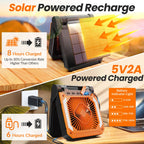 Ventilatore portatile solare ricaricabile da 9000 mAh 2-in-1 con pannello solare, 3 velocità regolabili, ventilatore da tavolo senza fili con lanterna LED integrata e funzione timer, silenzioso, ricarica rapida USB-C, ventil