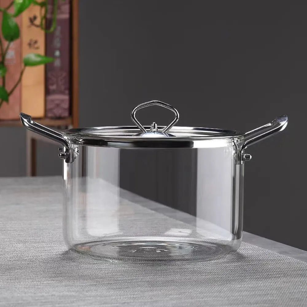Moderne Hoch-Borosilikat-Glaspfanne Minimalistische transparente Glaspfanne mit Doppelgriff und Deckel Suppentopf