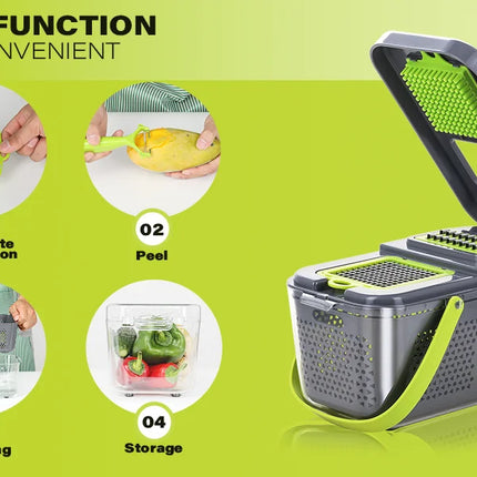 Tritaverdure multifunzione 22 in 1, mandolina, affettatrice, tritatutto per cipolle, grattugia per alimenti con cestello di scolo e contenitore, accessori da cucina