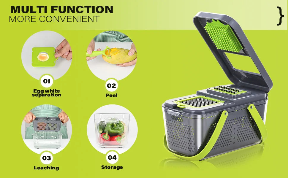 22-in-1 Multifunktions-Gemüseschneider, Mandoline, Gemüseschneider, Zwiebelhacker, Küchenreibe mit Abtropfkorb und Behälter, Küchenzubehör