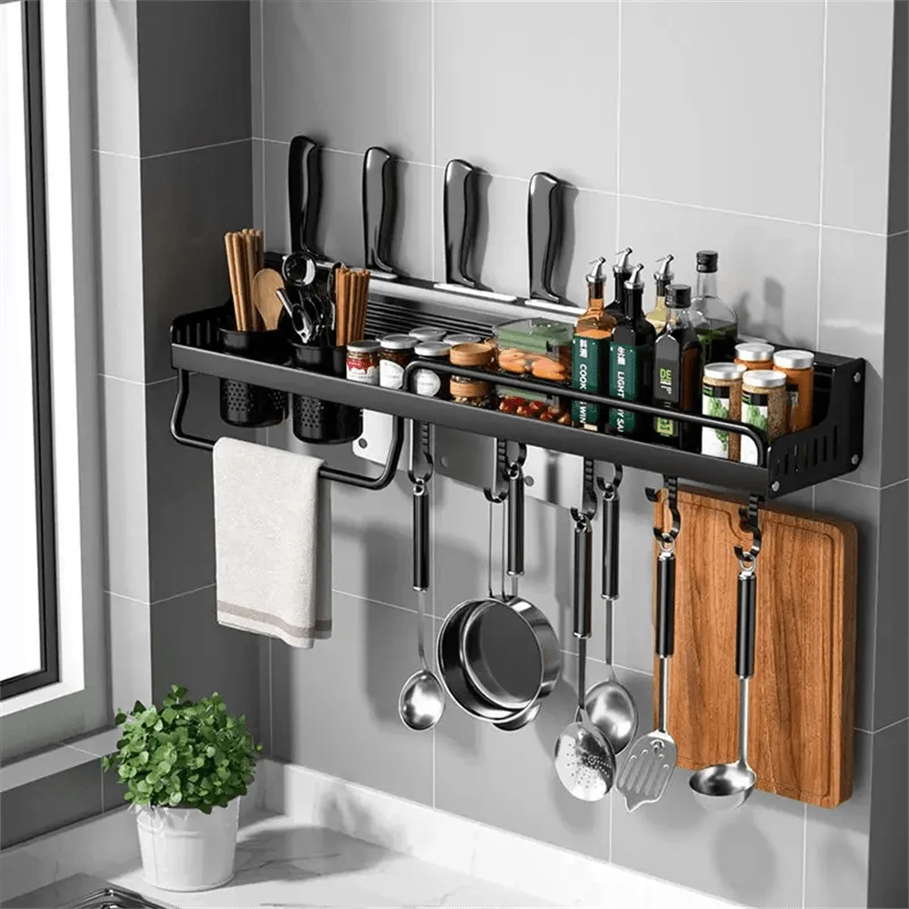 Supporto da parete per portaspezie sospeso, portavasi sospeso, portabottiglie salvaspazio con ganci, ripiano da cucina per utensili