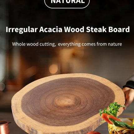 Vassoio da portata in legno massello naturale con grano unico, piatto da bistecca in legno irregolare fatto a mano, tagliere, utensili da cucina per ristoranti