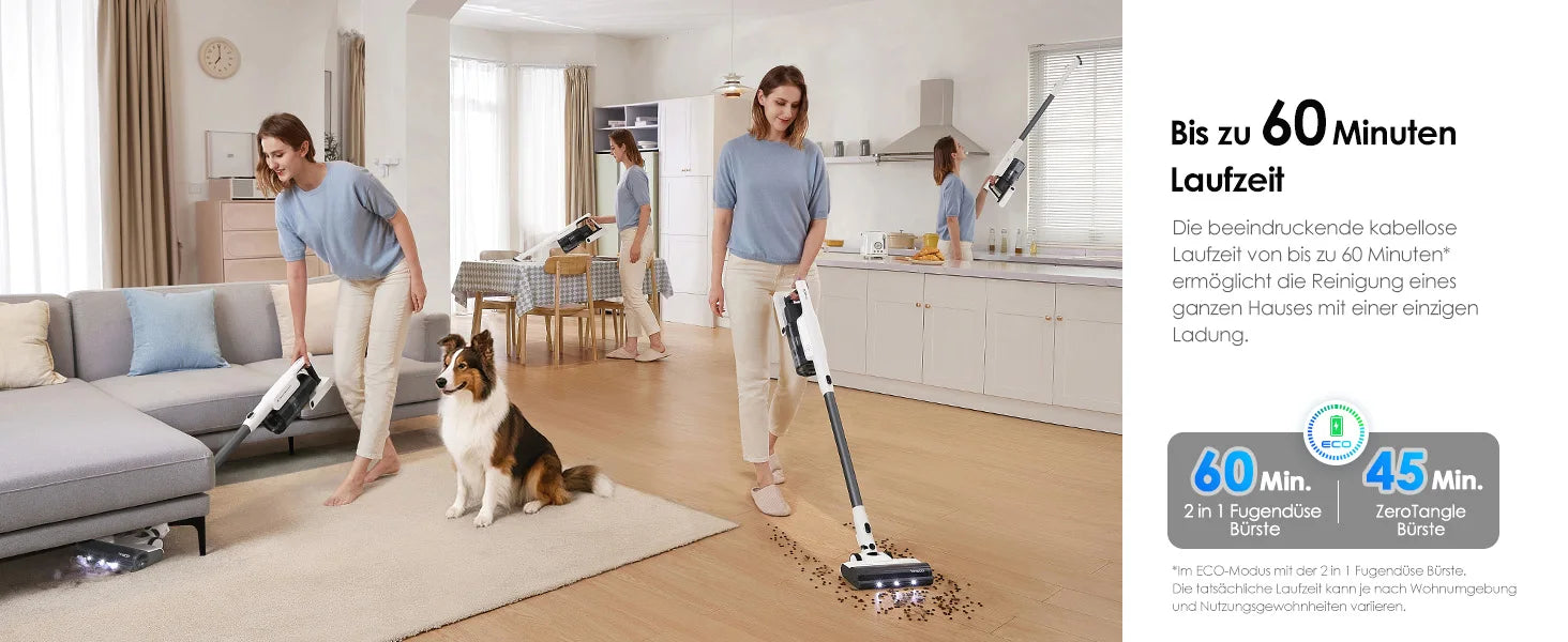 Tineco A30S, Kabelloser Staubsauger, 160 W Saugleistung, 60 Minuten Laufzeit, 1 l Staubbehälter, ZeroTangle-Bürste, PureCyclone-Technologie, LED-Licht