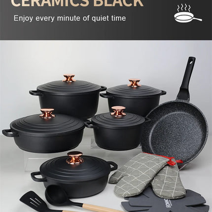 DONNOR 18 Pieces Nonstick Die Casting Aluminum Cookware Set Large Dutch Oven Pot with Lid and Handle for All Stoves Durable Casserole JT274