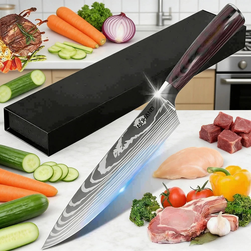 Professionelles 8-Zoll-Kochmesser aus 7CR17-Stahl mit Laser-Damastmuster, Pakkaholzgriff, Küchenmesser mit Scheide und Geschenkverpackung