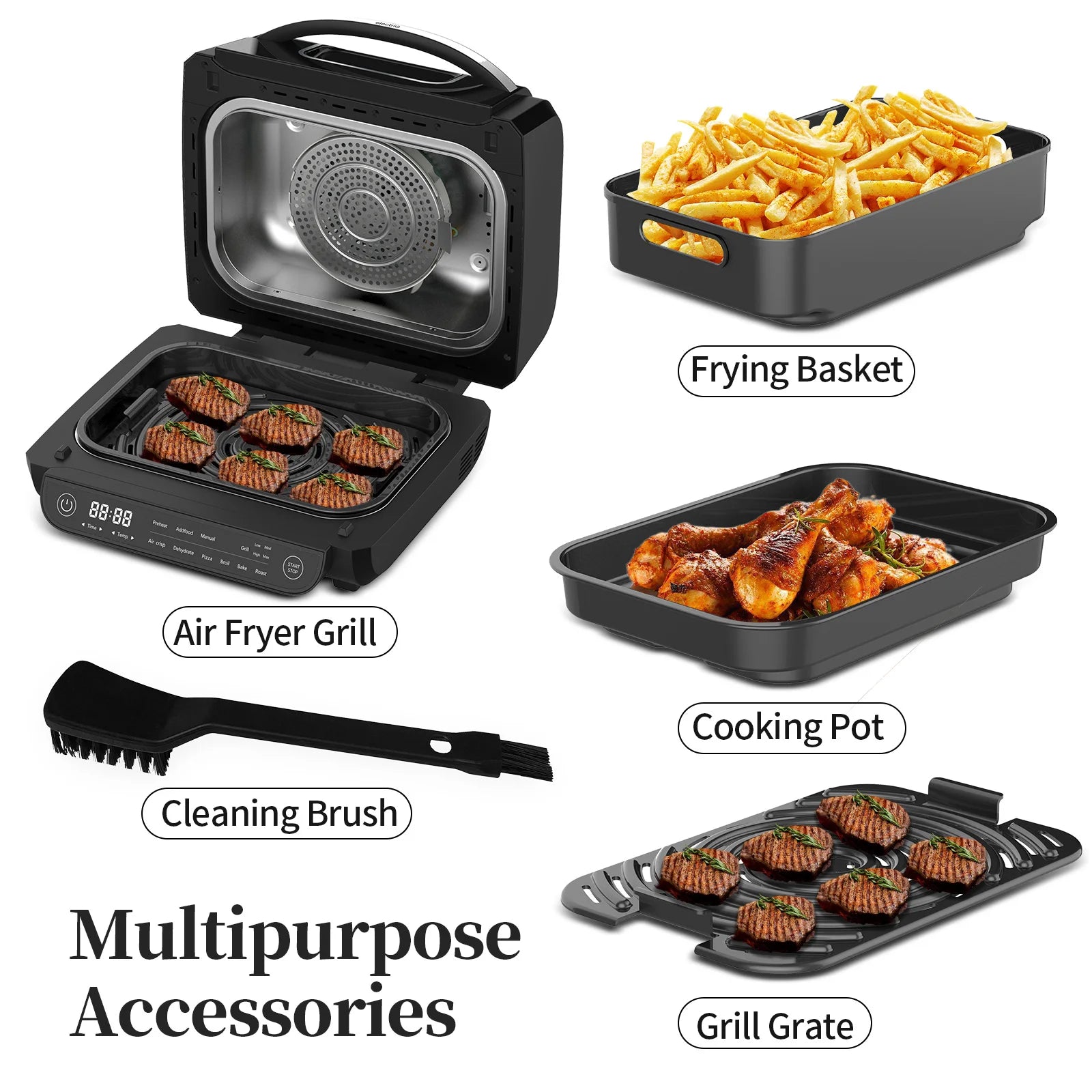 Friggitrice ad aria calda 8 in 1, 6 litri, 1700 W, nera, acciaio inossidabile