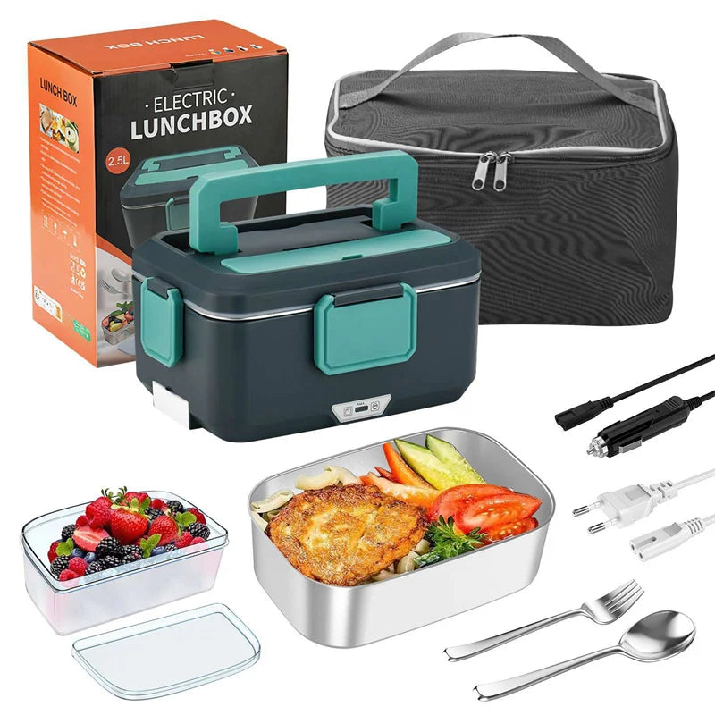2.5L 90W Elektrische Heizung Lunchbox 12/24/220V Edelstahl-Innenauskleidung Tragbarer Lebensmittelwärmer Bento Box Lebensmittelbehälter für Auto Zuhause