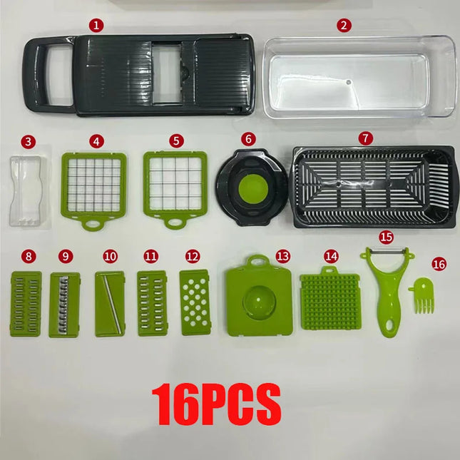 16 in 1 Tritatutto multifunzione per verdure, affettatrice per alimenti, taglia cipolle, pomodori, carote, grattugia, utensili da cucina