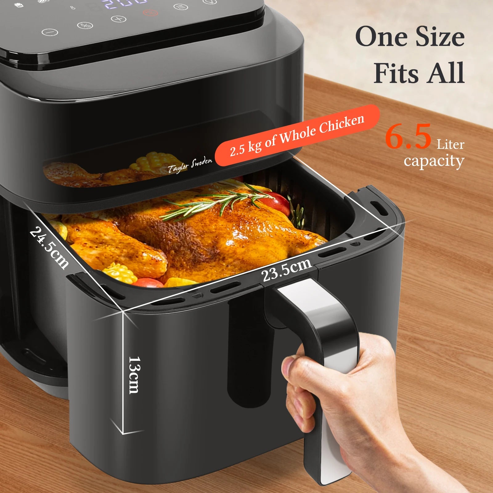 Friggitrice ad aria 6,5 L XXL doppia resistenza 8 funzioni finestra visualizzazione griglia antiaderente Taylor Swoden nera