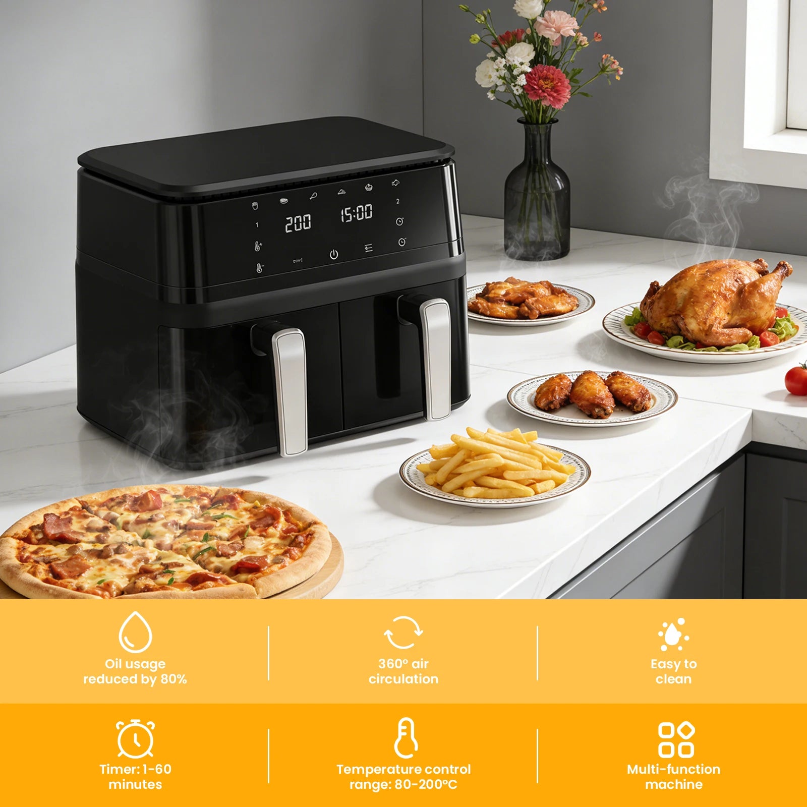 9-Liter-Heißluftfritteuse mit zwei Körben, 360°-Heißluftzirkulation, Edelstahl mit SYNC-Funktion, Touchscreen, 80 % weniger Öl