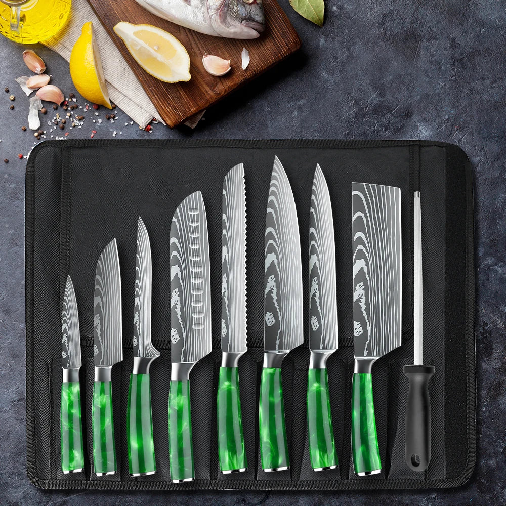 Set mit 8 scharfen und langlebigen ZENG Edelstahlmessern, mit grünem Harzgriff, tragbarer Nylontasche, Küchenutensilien für Zuhause und als Geschenk