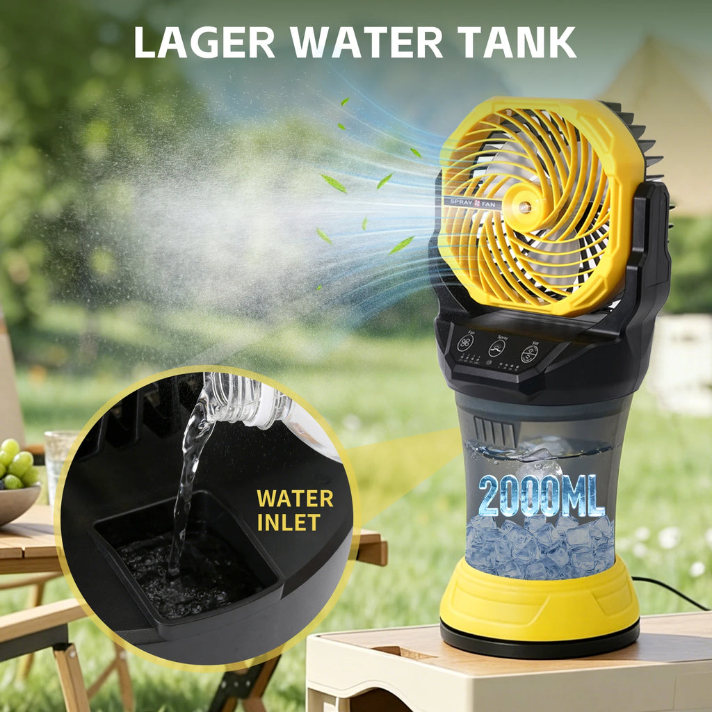 Ventilatore spray da esterno 2000ml 15000mAh, 4 velocità, nebulizzazione nano, luce RGB, 90° °   Oscillazione, Giallo