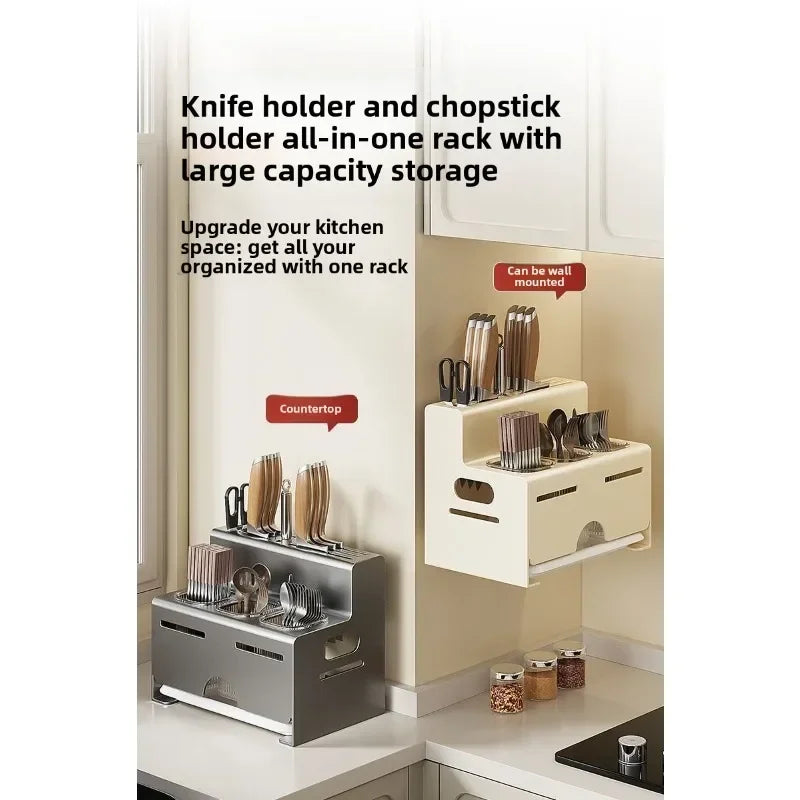 Porta Utensili da Cucina Multifunzionale con Porta Bacchette Integrato, Organizzatore da Parete Senza Foratura per Coltelli e Utensili