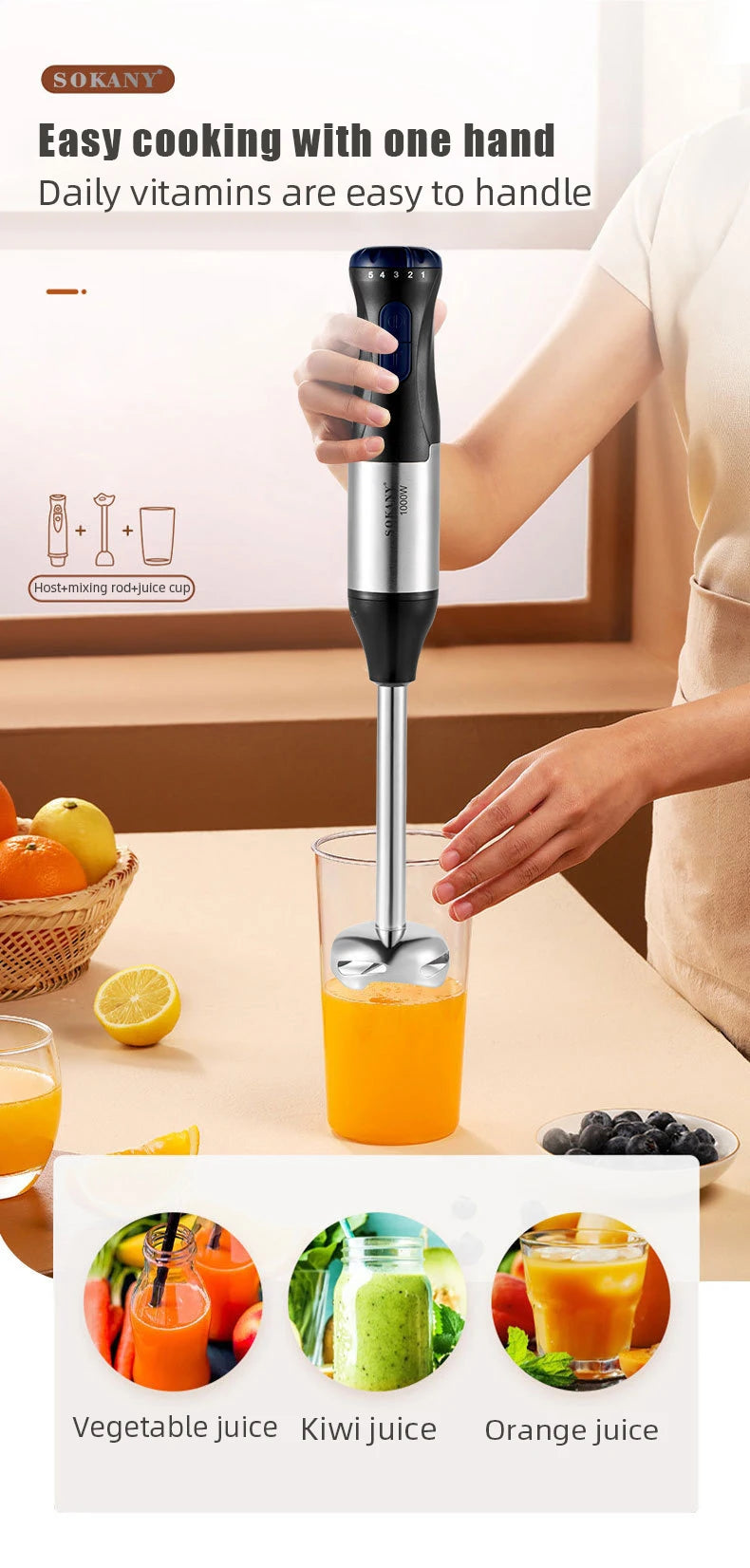 4-in-1-Stabmixer, Stabmixer aus Edelstahl, Turbo-Rotationssystem, geeignet für Fleisch, Gemüse etc.