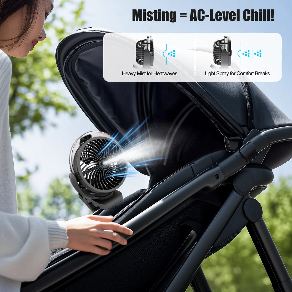 Ventilatore Portatile con Clip e Nebulizzatore, Ricaricabile, 3 Velocità, Display Digitale, Mini Umidificatore, Ventilatore da Scrivania Regolabile con 4000mA