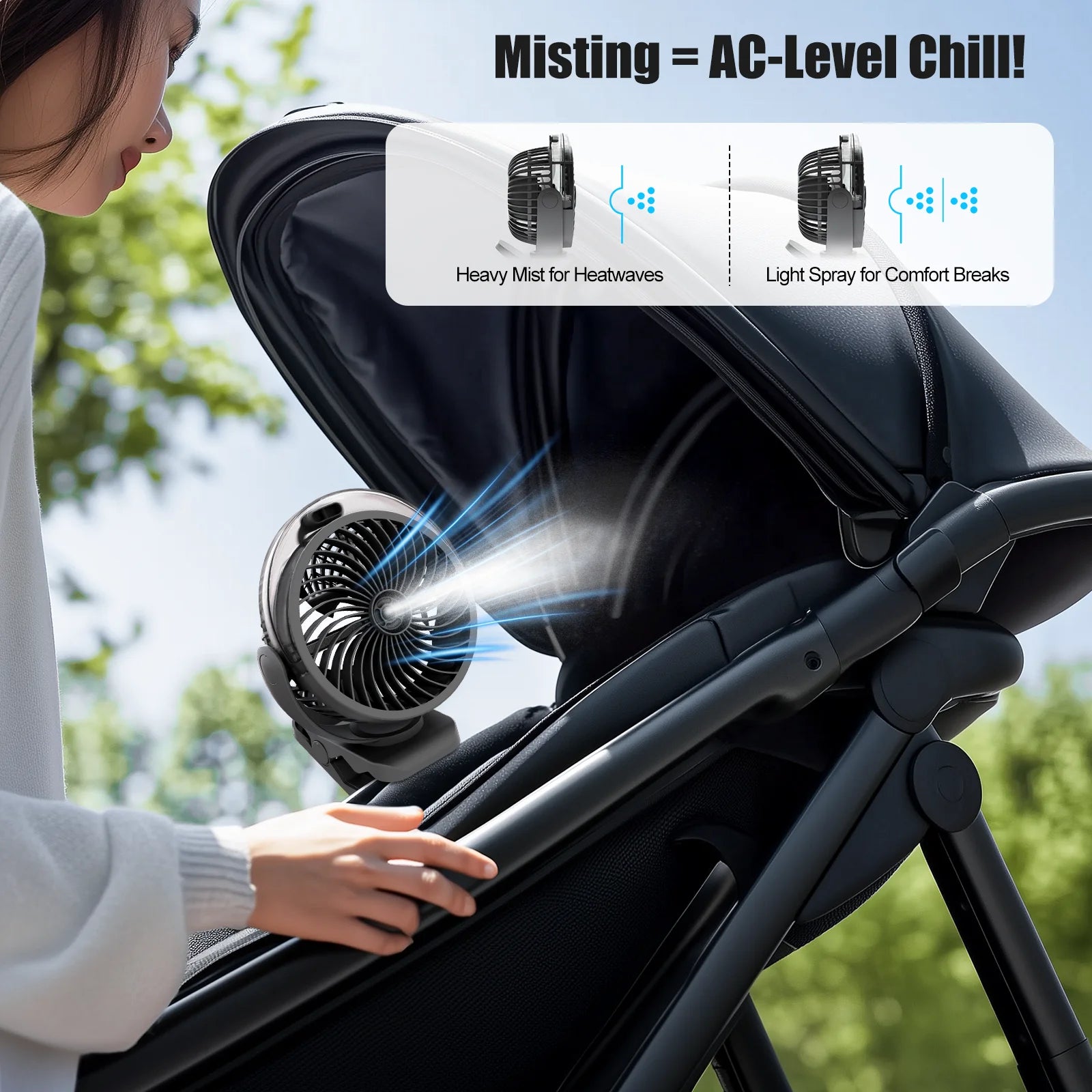 Ventilatore Portatile con Clip e Nebulizzatore, Ricaricabile, 3 Velocità, Display Digitale, Mini Umidificatore, Ventilatore da Scrivania Regolabile con 4000mA