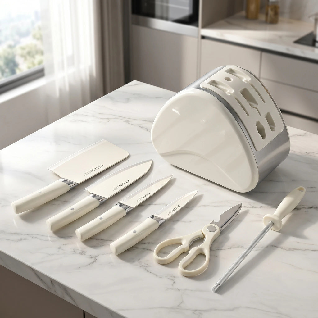 7-teiliges Küchenmesserset mit Ständer, scharfe Kochmesser aus weißem Edelstahl, Messerblock-Set zum Kochen, Hacken, Schneiden