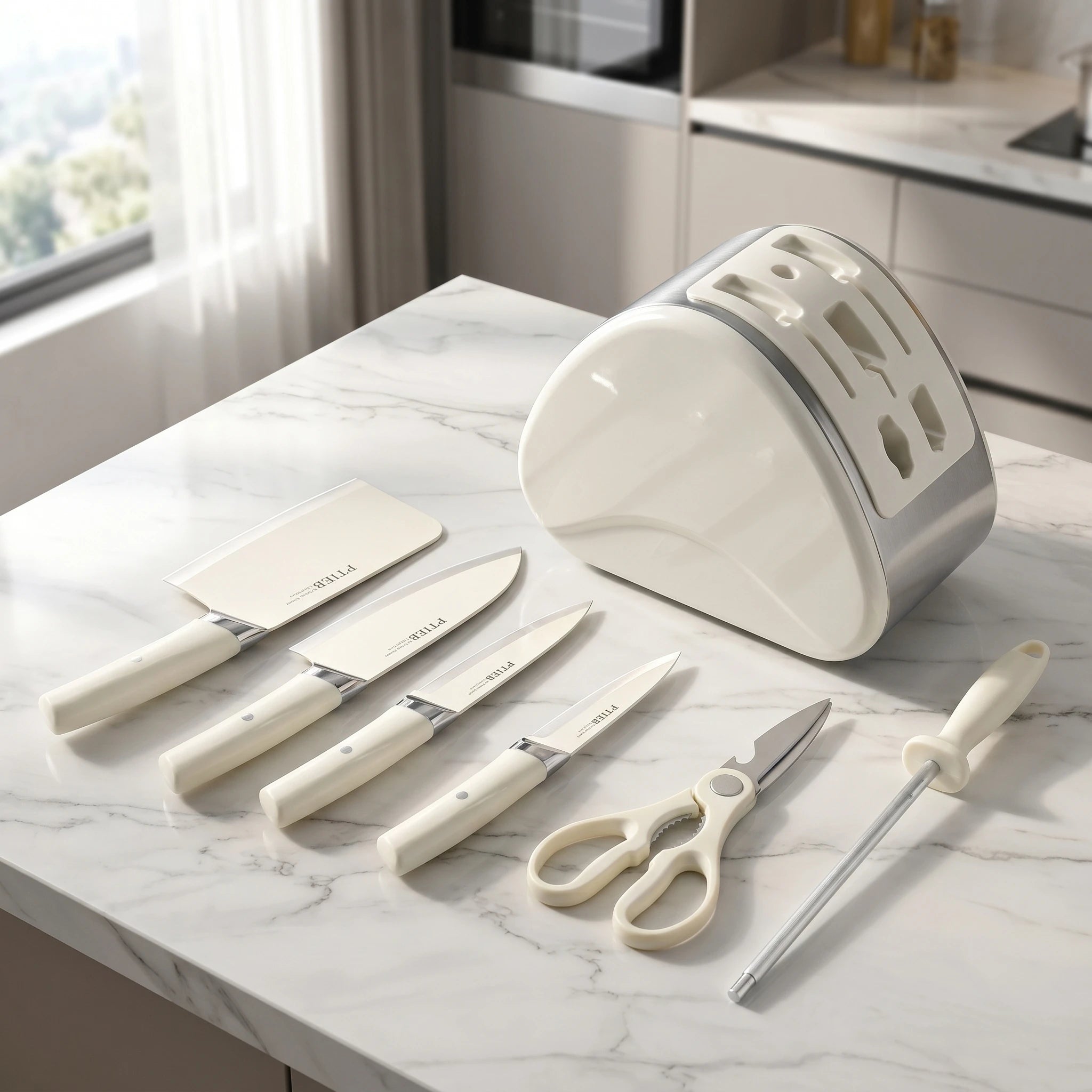 7-teiliges Küchenmesserset mit Ständer, scharfe Kochmesser aus weißem Edelstahl, Messerblock-Set zum Kochen, Hacken, Schneiden