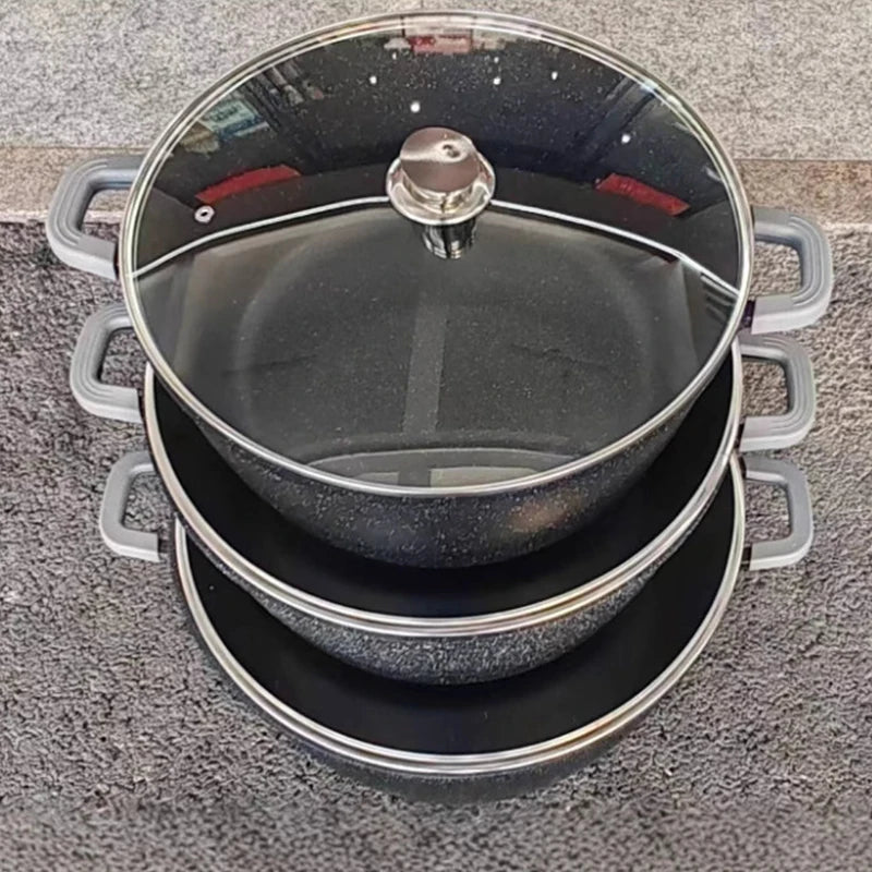 Set di Pentole in Alluminio Nero con Rivestimento in Granito Antiaderente, 20 24 28 32 36 40 44cm