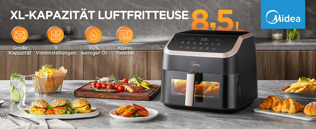 Midea XXL Heißluftfritteuse 8,5 L - 8-in-1, mit Sichtfenster, bis zu 200°C, ölfrei, spülmaschinenfest, Schwarz/Roségold.